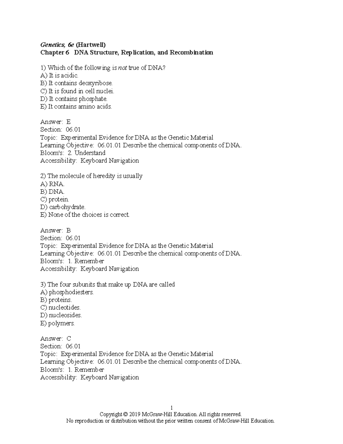 Hartwell 6e Chapter 06 Answer Key: DNA Structure & Replication - Studocu