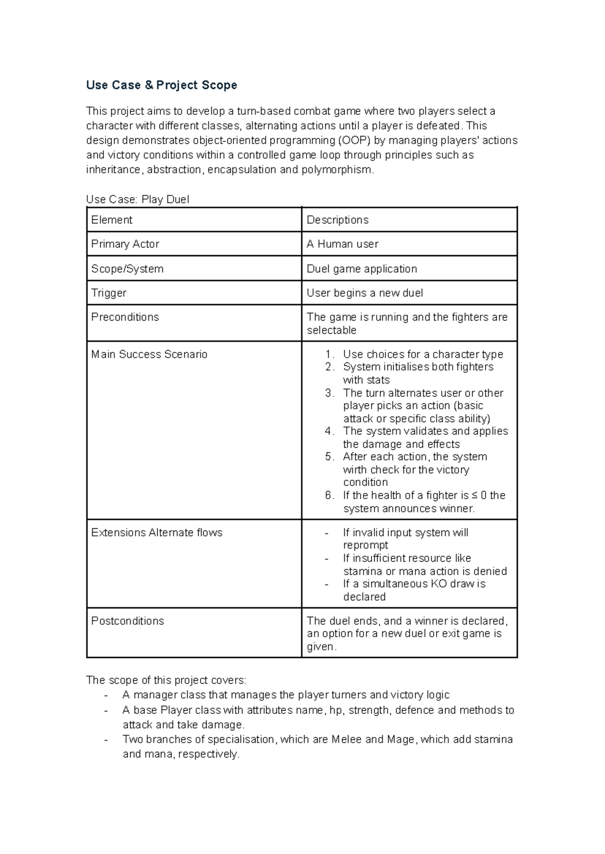 OOP Project Plan: Combat Game Use Case Development - Studocu