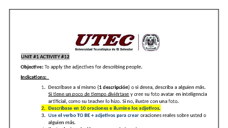 UNIT #1 - Activity 12: Describing People in English - Studocu