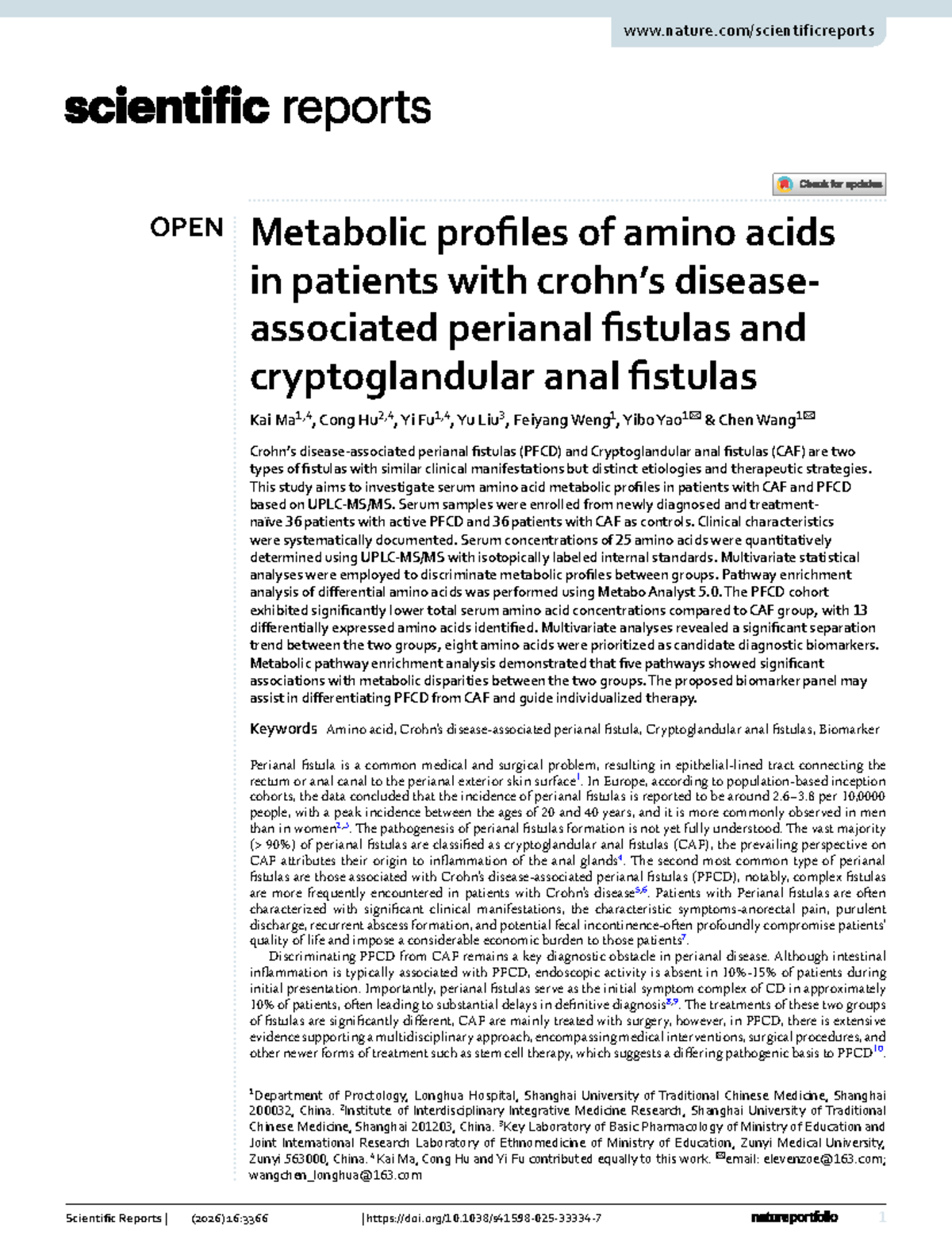 Metabolic Profiles of Amino Acids in PFCD vs. CAF Patients: A Study ...
