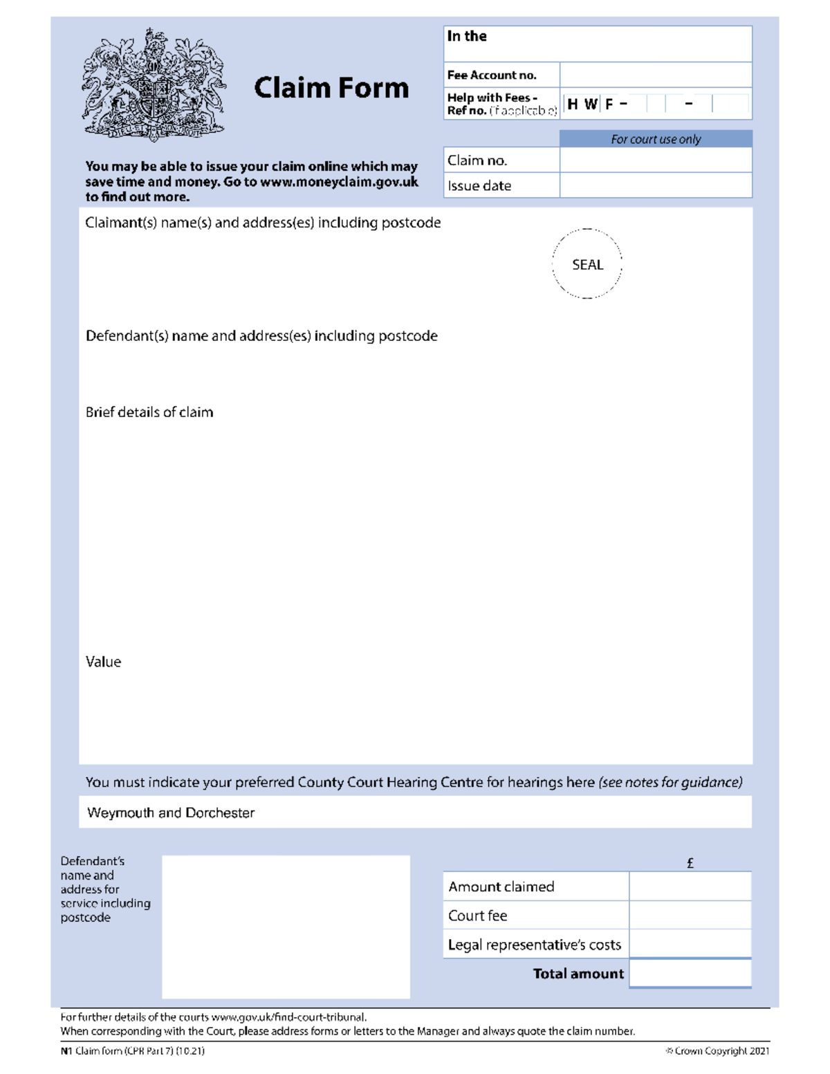 Blank Claim Form - In the Fee Account no. Claim Form Help with Fees HWF ...
