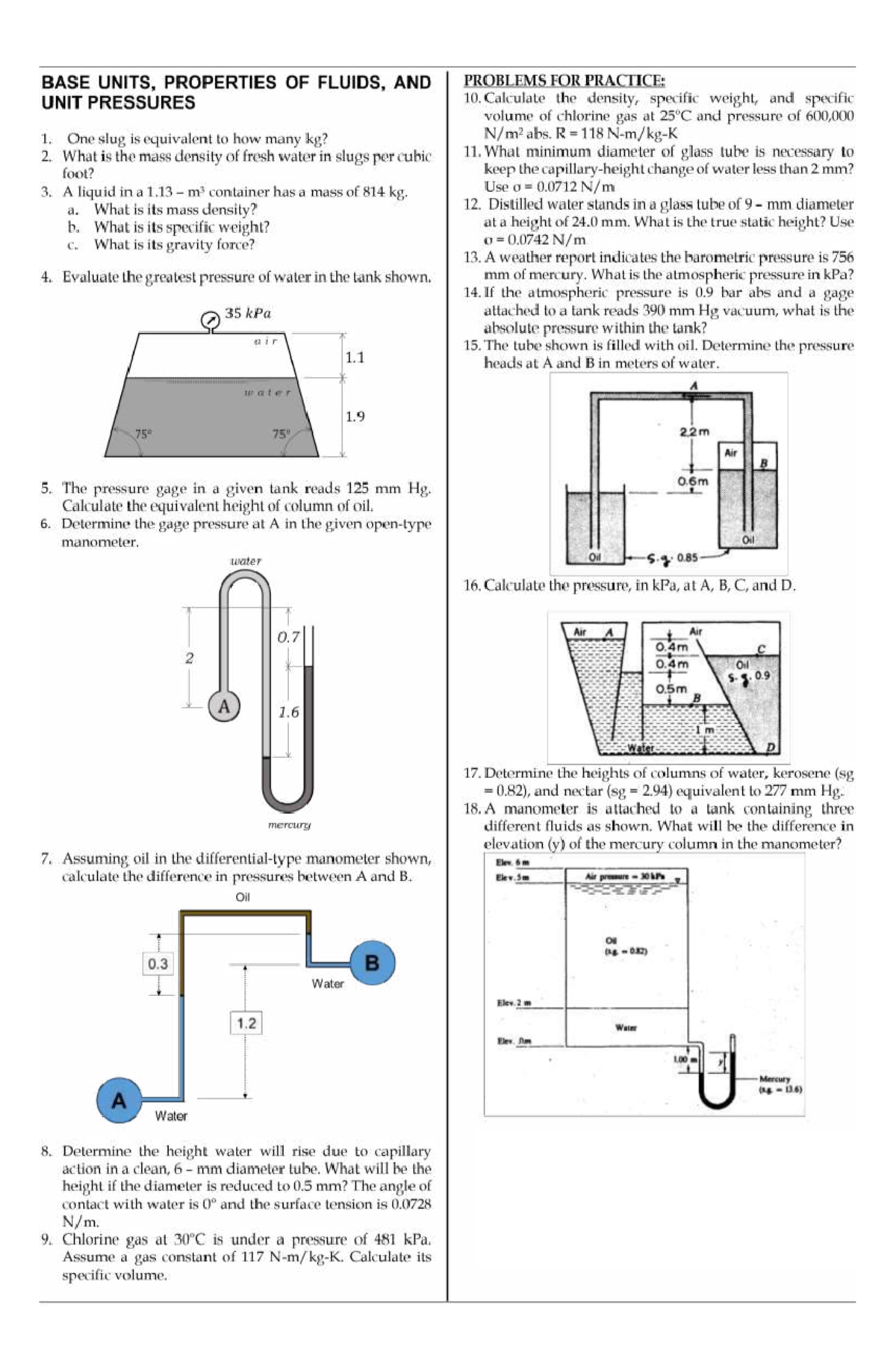 Hyd-1: Fluid Properties & Practice Problems on Unit Pressures - Studocu