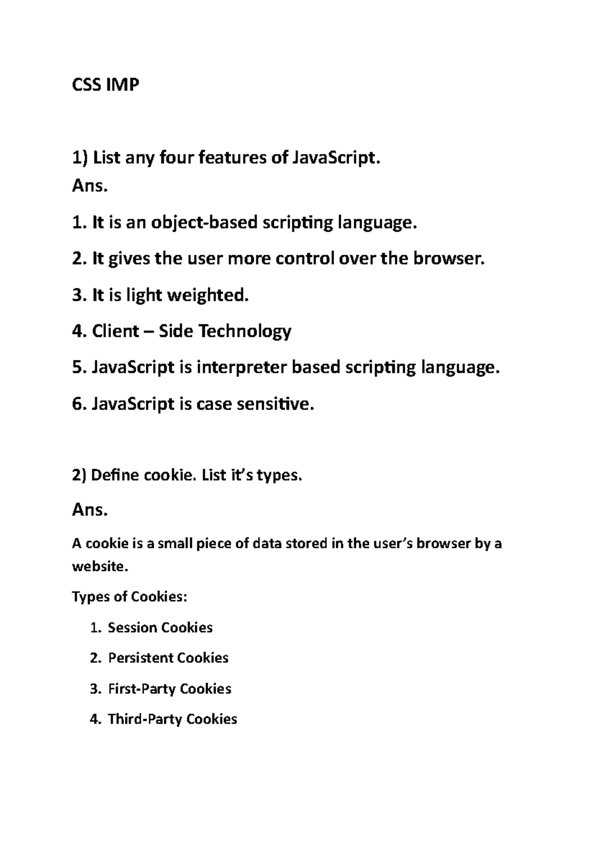 CSS IMP: Key Features and Concepts of JavaScript - Studocu