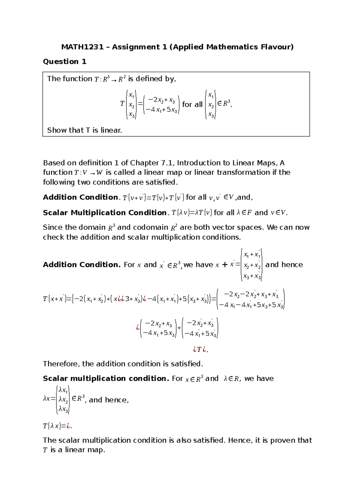 MATH1231 Assignment 1: Linear Maps and Subspaces Analysis - Studocu
