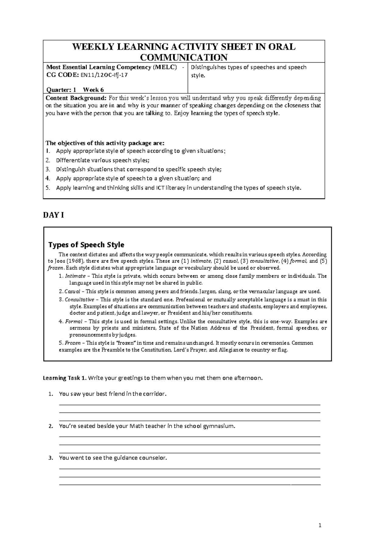 WEEK 6 ORAL COMM - Types of Speech Styles and Their Applications - Studocu