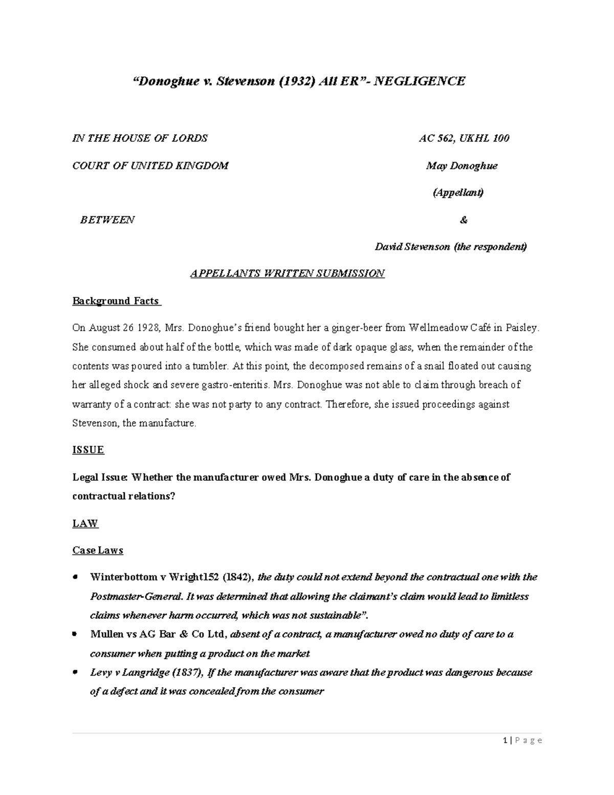 Final Exam Submission for Moot Court: Donoghue v. Stevenson Case Study ...