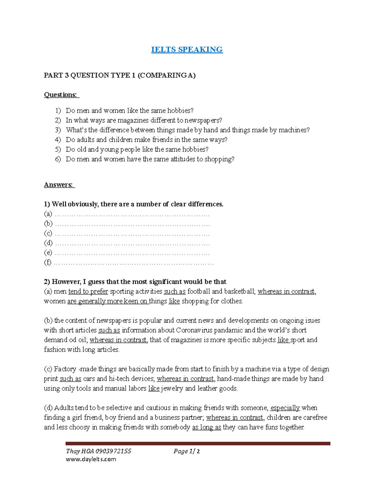 1) Comparing (a) - IELTS SPEAKING PART 3 QUESTION TYPE 1 (COMPARING A ...