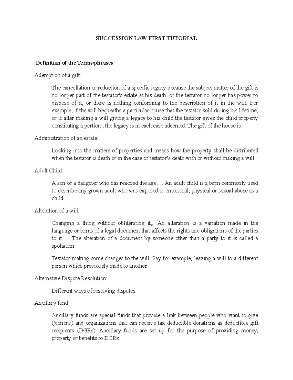 Succession Law 101: Key Terms and Definitions - First Tutorial - Studocu