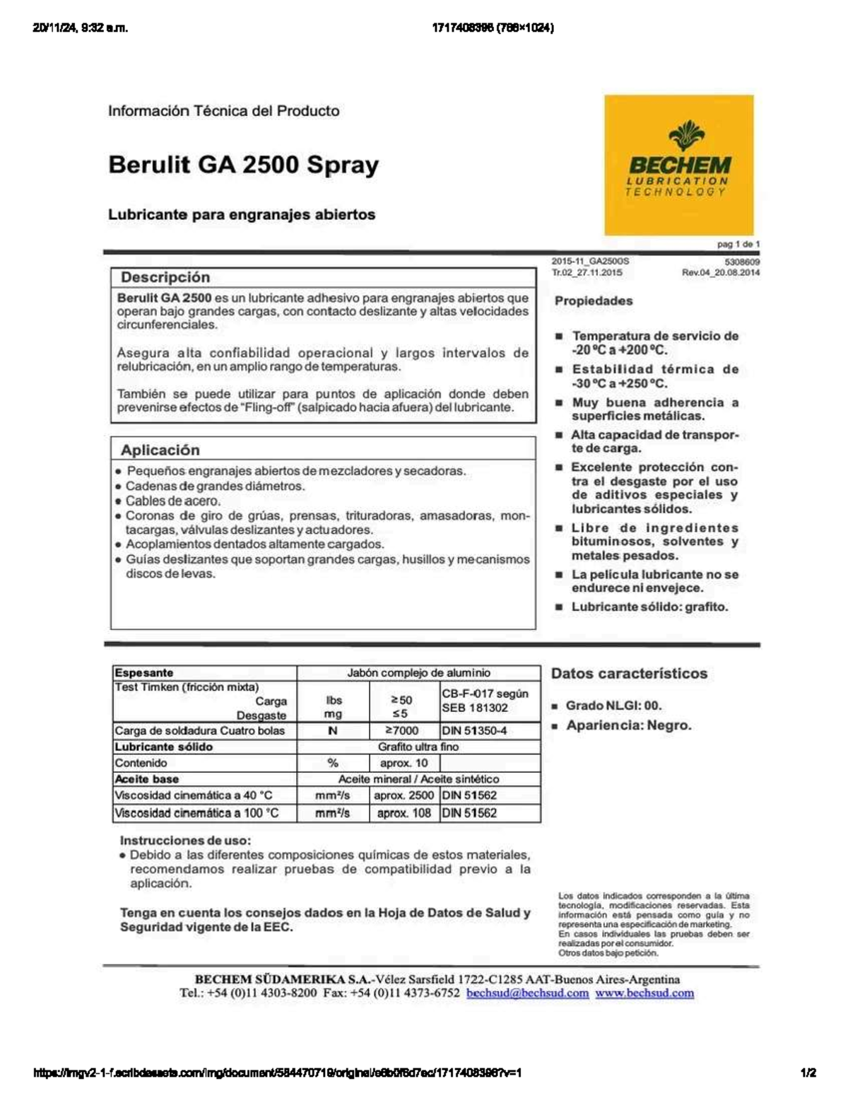 GA2500: Información Técnica del Lubricante Berulit GA 2500 - Studocu