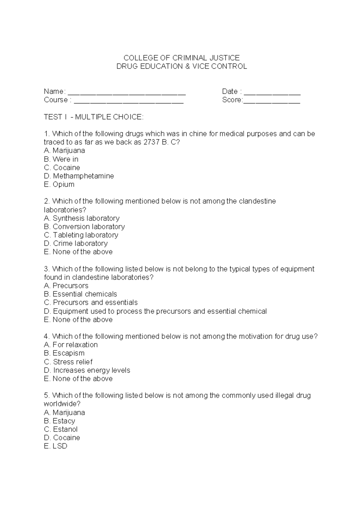 CJ 101 Drug Education Midterm Test I: Multiple Choice Questions - Studocu