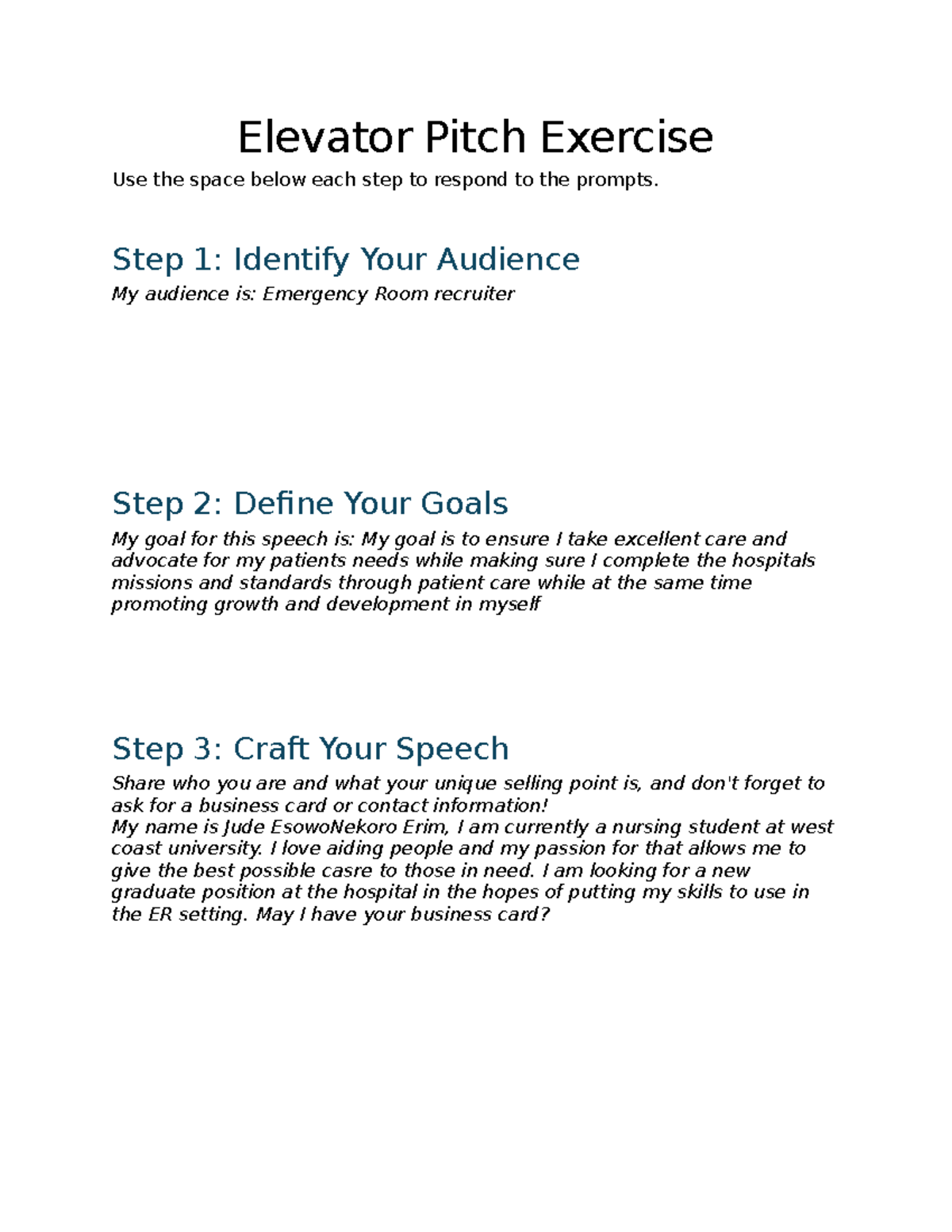 Elevator Pitch Exercise For Nursing Students Crafting Your Speech