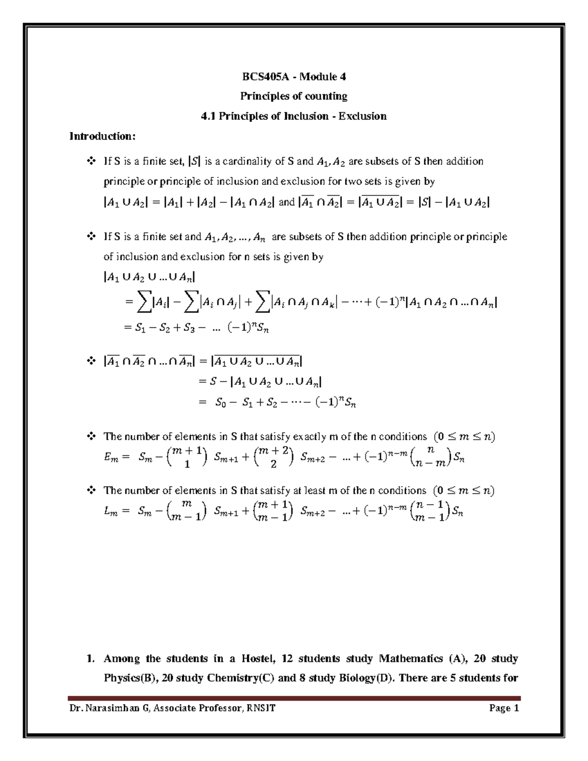 BCS405A Module 4 - Principles of Counting and Inclusion-Exclusion Notes ...
