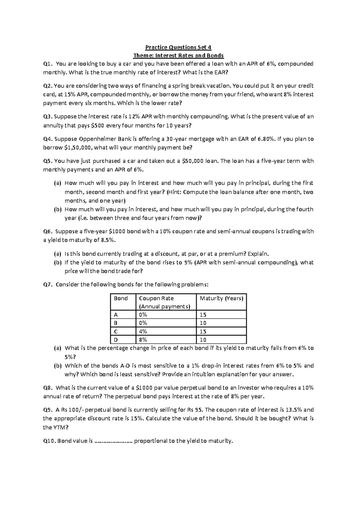 Interest Rates and Bonds Practice Questions Set 4 (FIN301) - Studocu