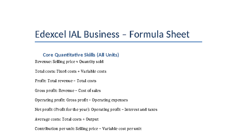 Edexcel IAL Business Formula Sheet: Core Quantitative Skills Guide ...