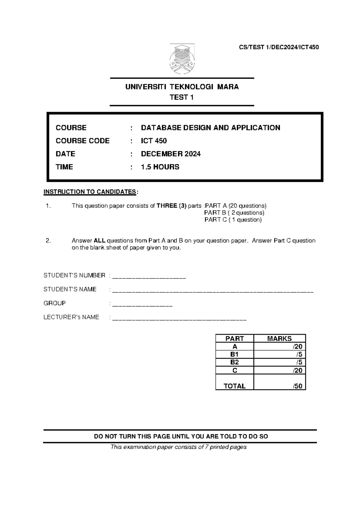 Test 1 ICT 450 - Database Design & Application Exam Paper - Document Preview