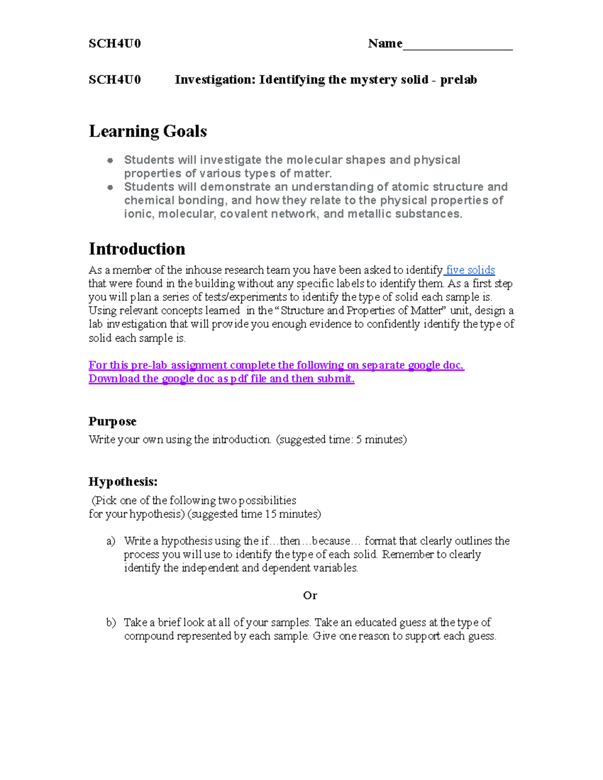 SCH4U0 Unit 2 Assignment 2: Mystery Solids Lab Investigation - Studocu