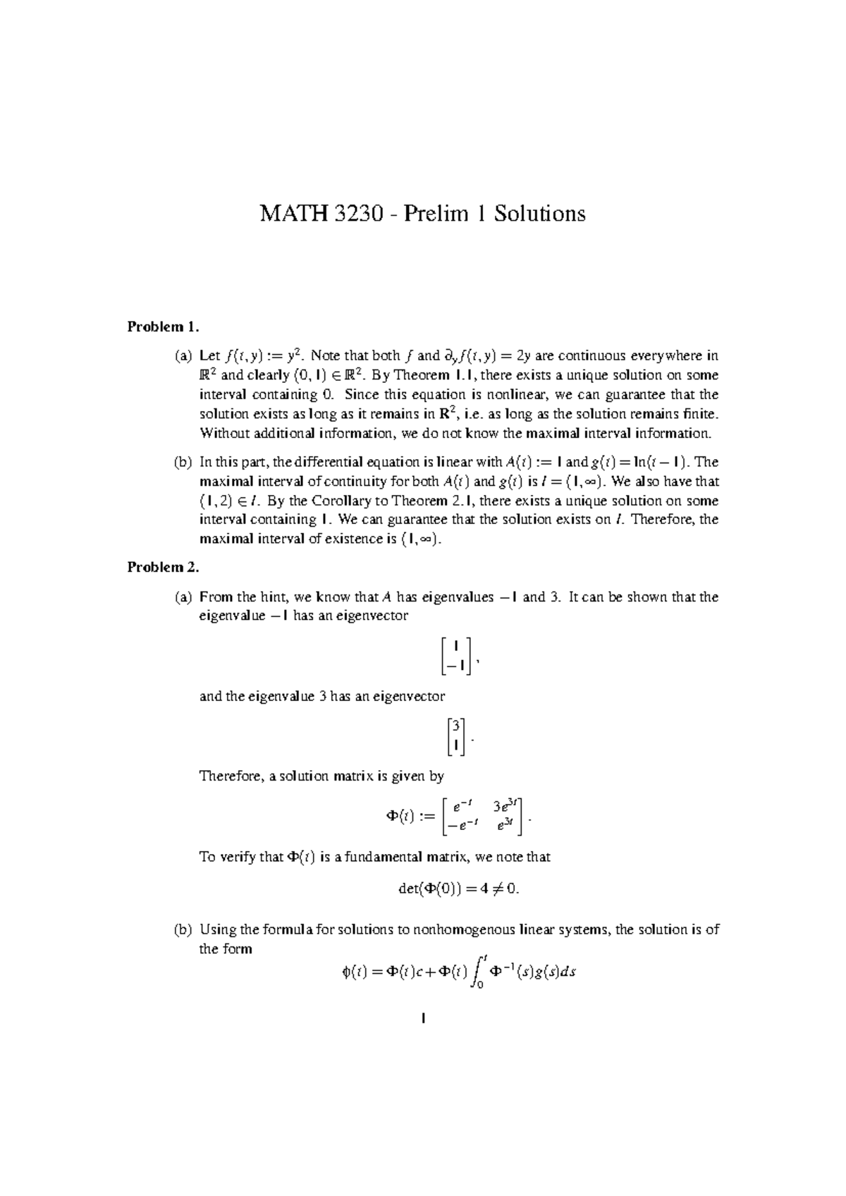 2013 Prelim I Solutions - MATH 3230 - Prelim 1 Solutions Problem 1. (a ...