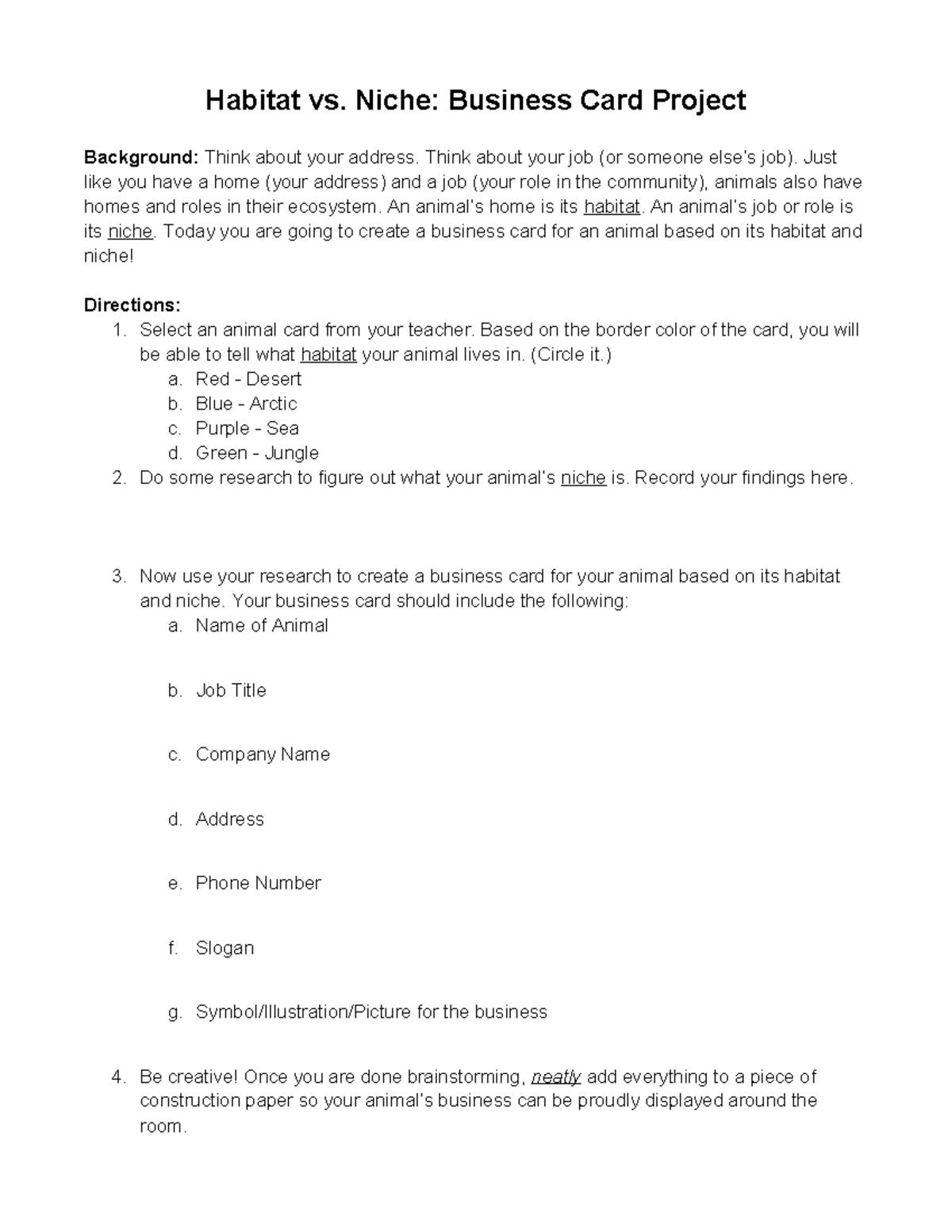 Habitat vs Niche: Animal Business Card Project Guidelines - Studocu