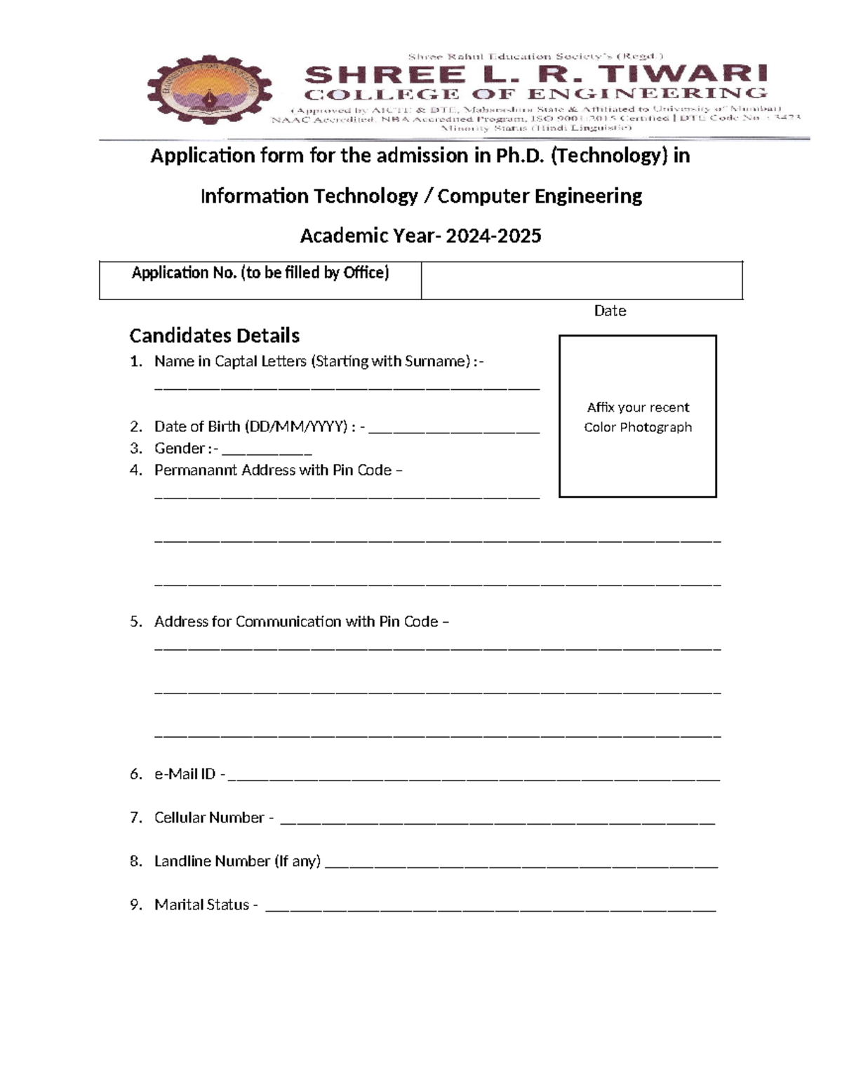 PhD Admission Application Form for M.Tech in IT/CE - 2024 - Studocu
