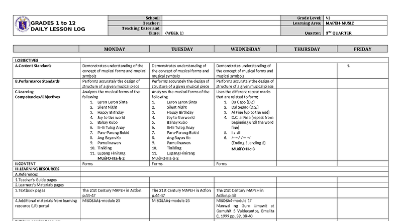 DLL MAPEH 6 Q3 W1: Daily Lesson Log on Musical Forms - Studocu