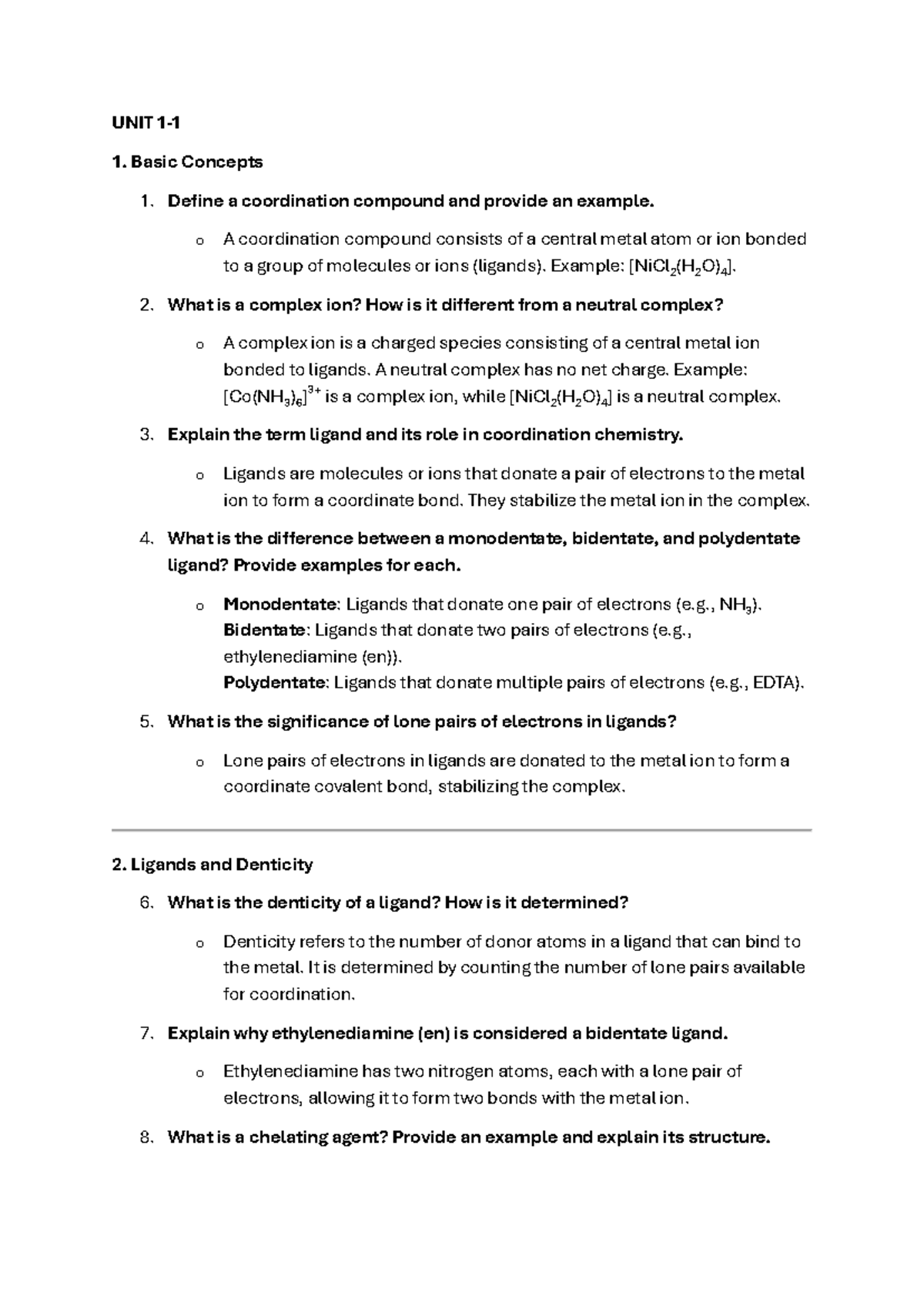 CHEM 101 Coordination Chemistry Final Exam Study Guide - Studocu