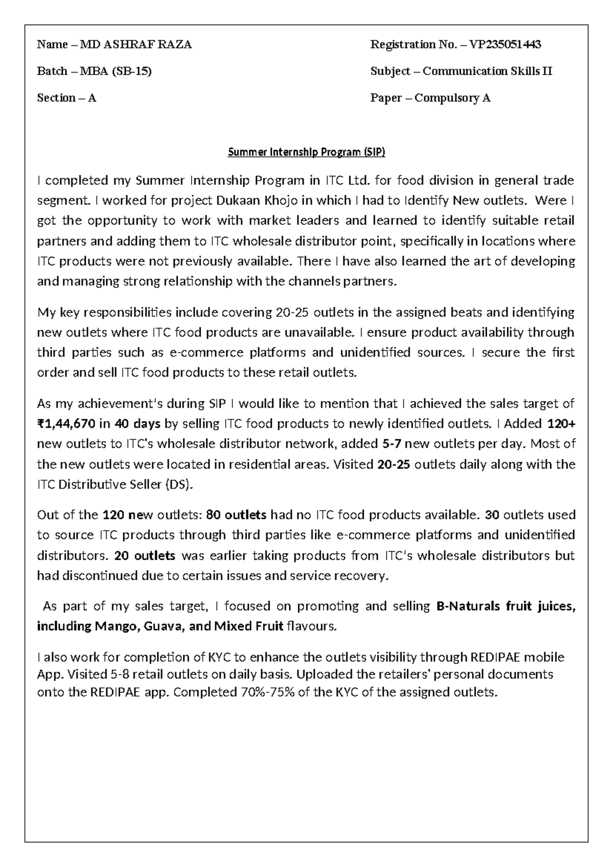 SIP brief - Very useful for practical knowledge - Name – MD ASHRAF RAZA ...