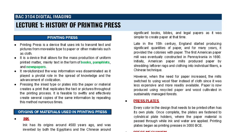 BAC 3104 DIGITAL IMAGING LECTURE 1: HISTORY AND EVOLUTION OF PRINTING ...