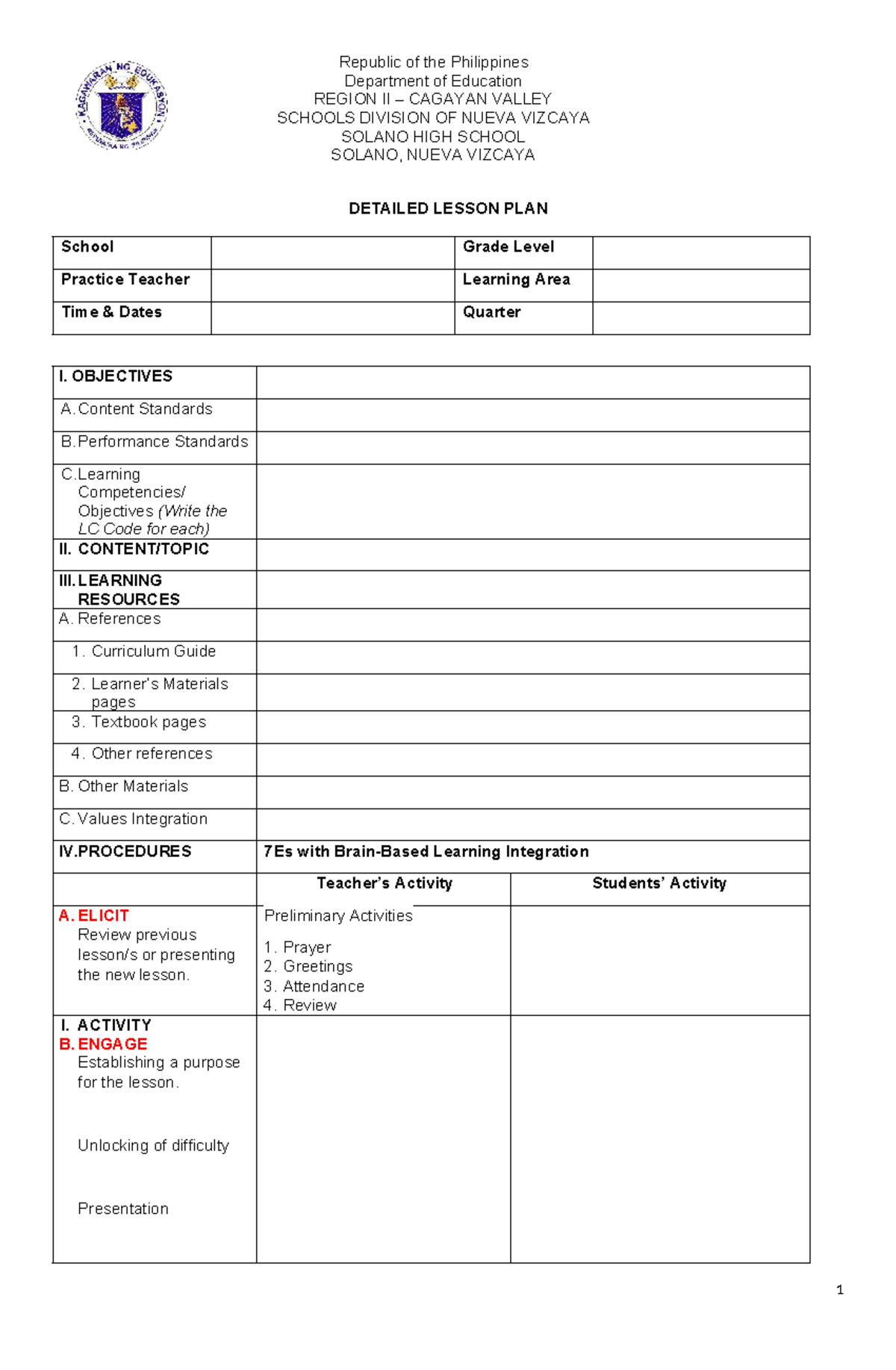 DLP for SHS 4th Year: Detailed Lesson Plan Format - Studocu