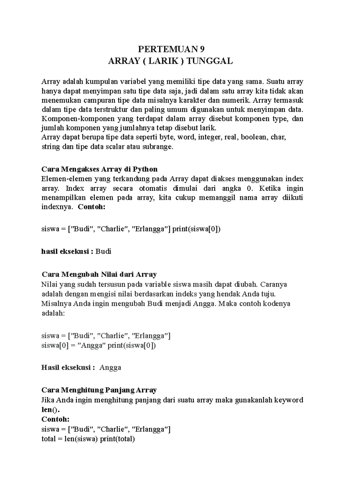 9. Pemrograman Python: Array Tunggal dan Operasinya - Studocu