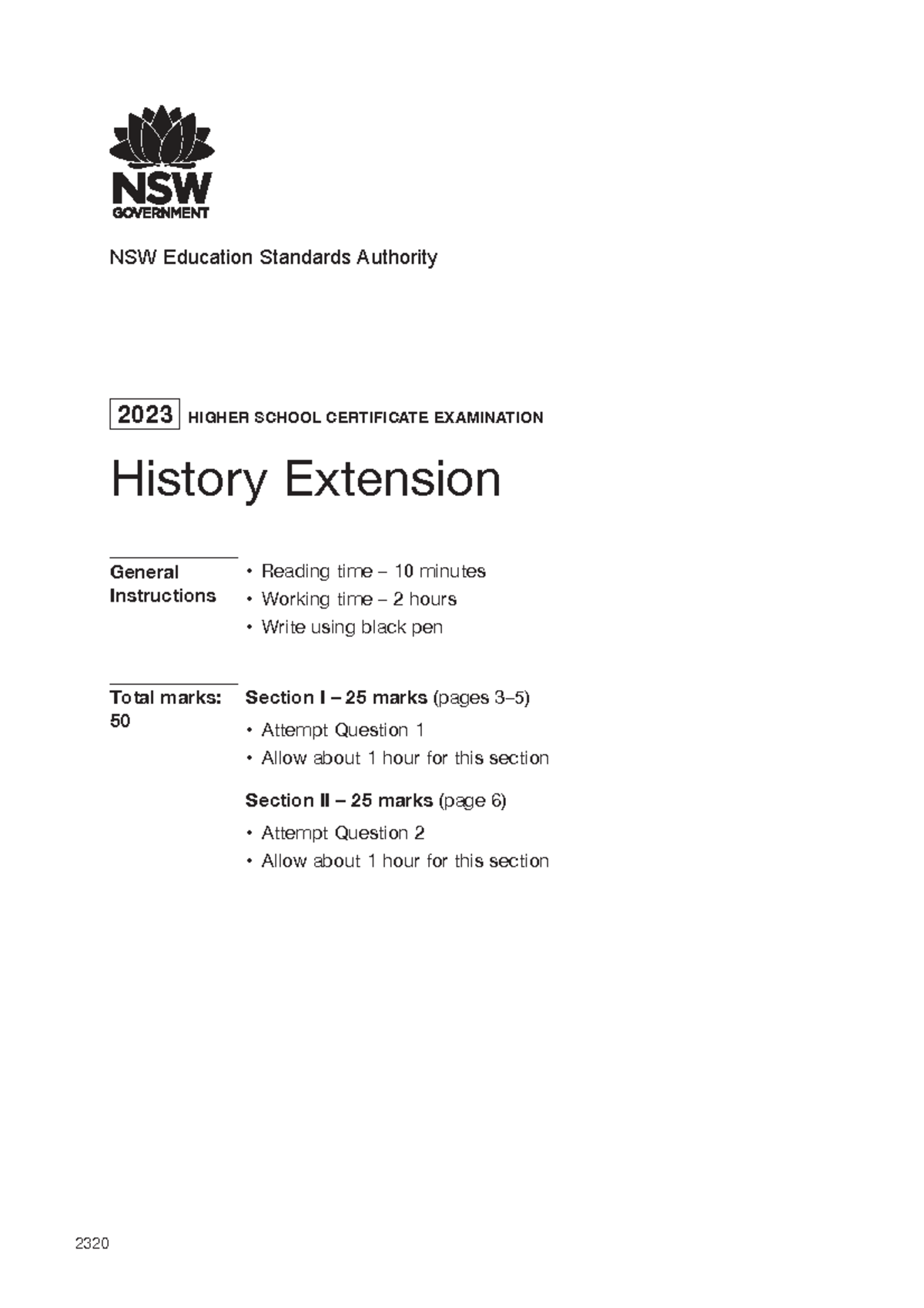 2023 HSC History Extension Exam: General Instructions & Questions - Studocu