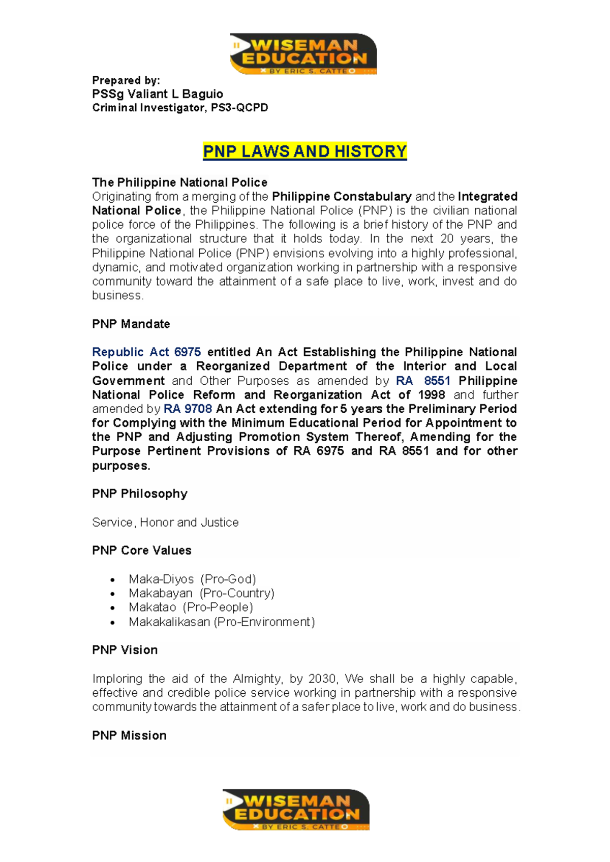 PNP 101: Laws and History of the Philippine National Police - Studocu