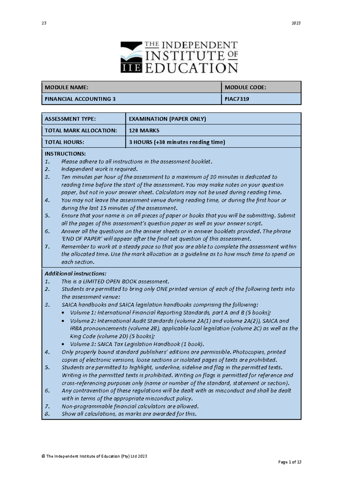 FIAC7319 Final Exam: Financial Accounting 3 Assessment 2023 - Studocu