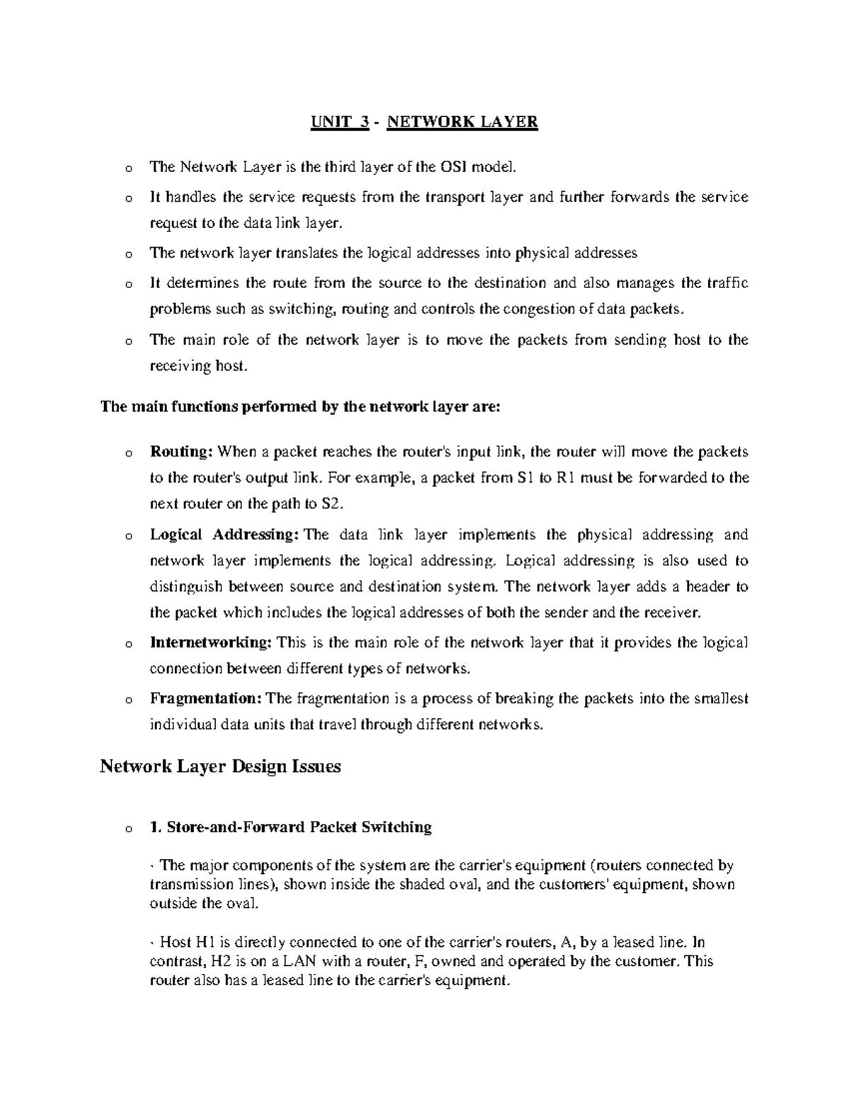 Unit 3 - Computer Networks unit 3 - UNIT 3 - NETWORK LAYER o The ...