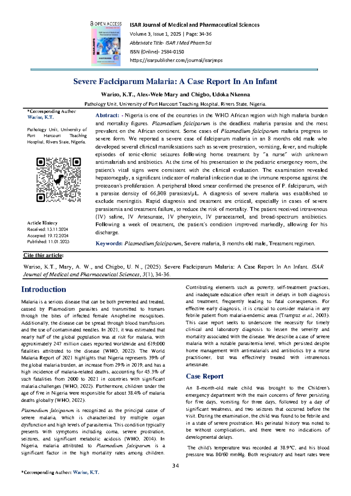 Severe Plasmodium falciparum Malaria in an Infant: A Case Report (ISAR ...