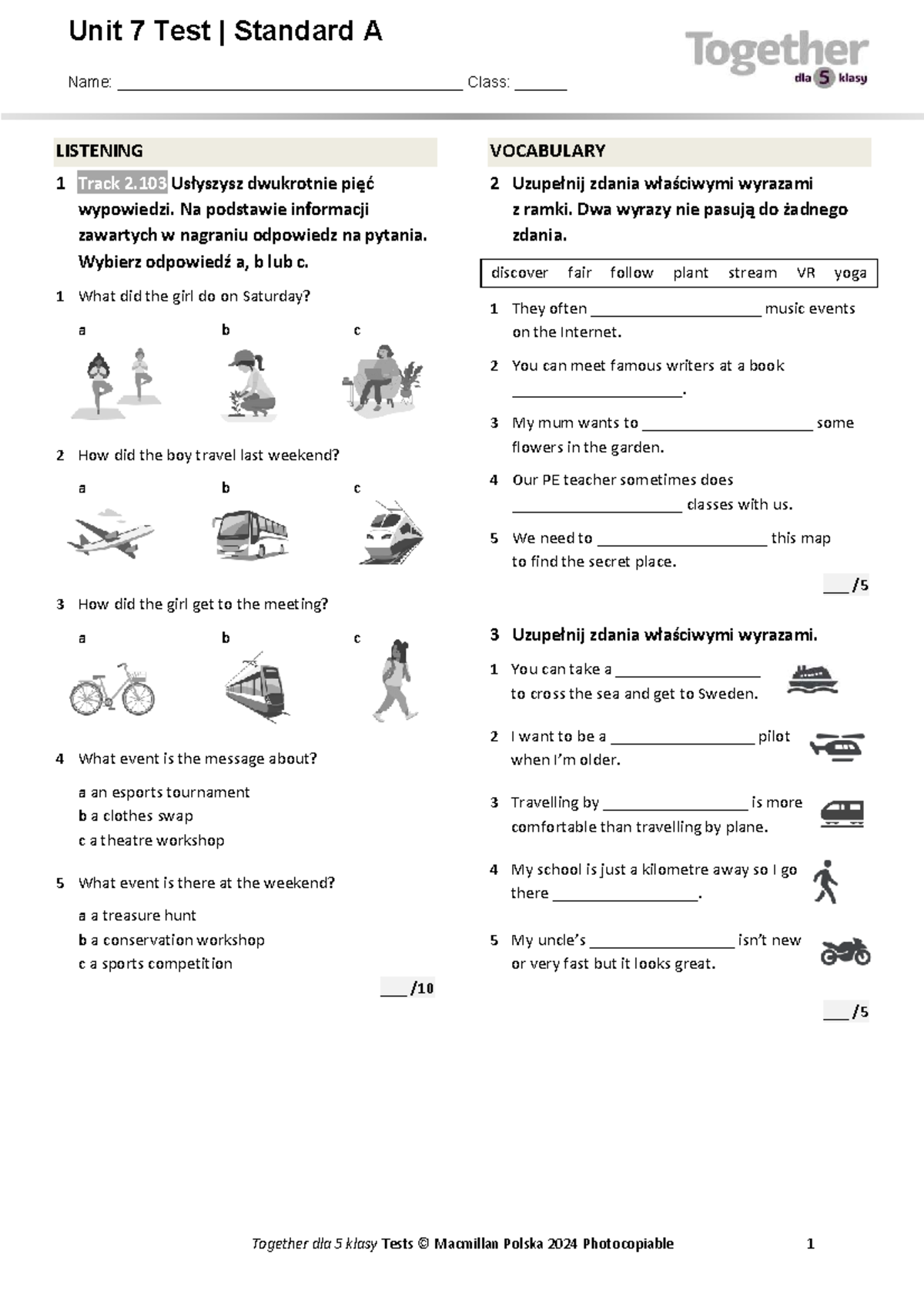 Unit 7 Listening Vocabulary Test - Class 5 - Studocu