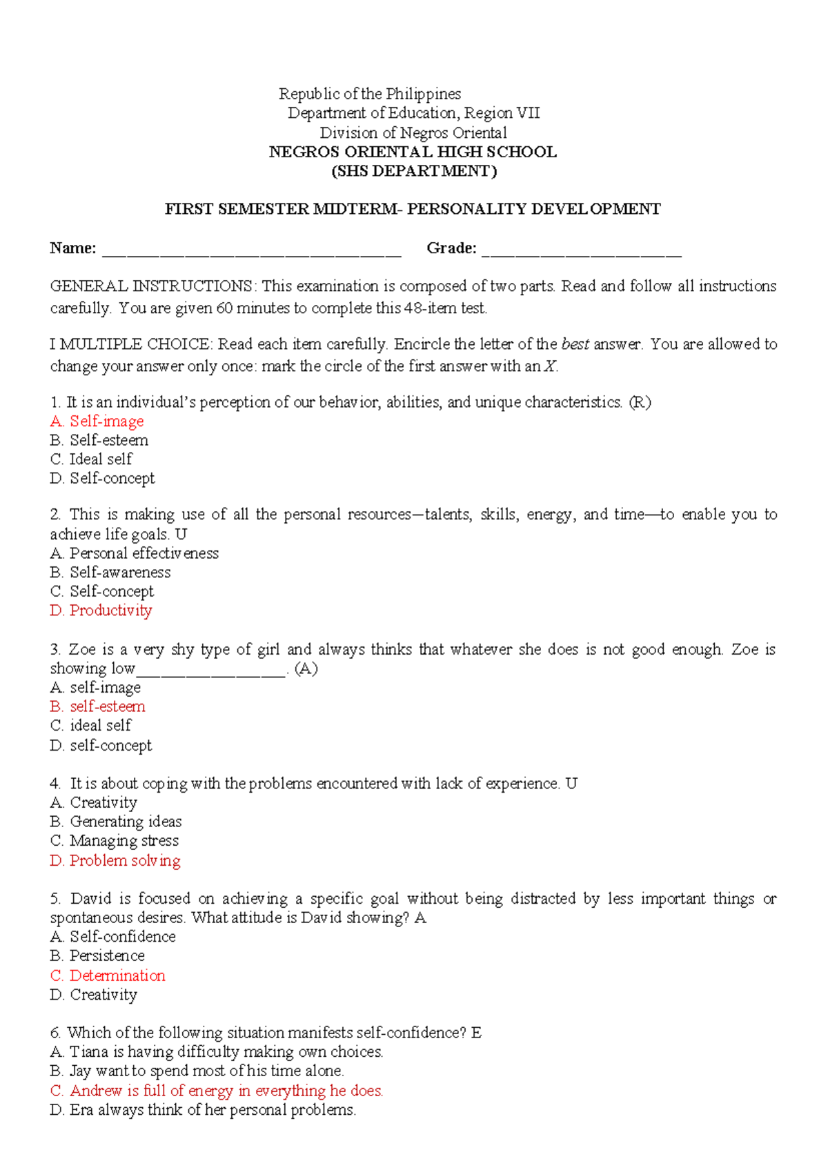 Perdev 101: First Semester Personality Development Exam Notes - Studocu