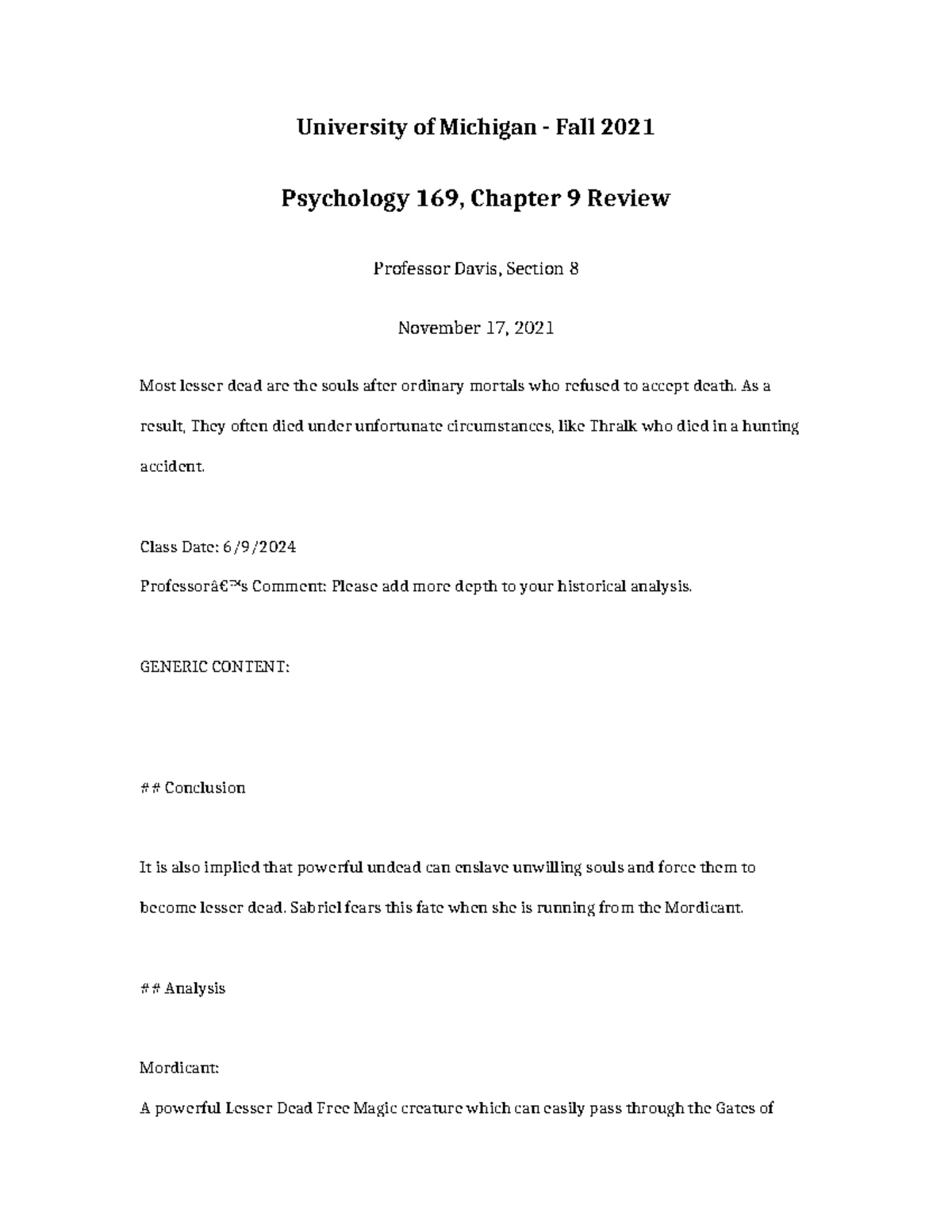 Psychology 169 Chapter 9 Review - University of Michigan - Fall 2021 ...