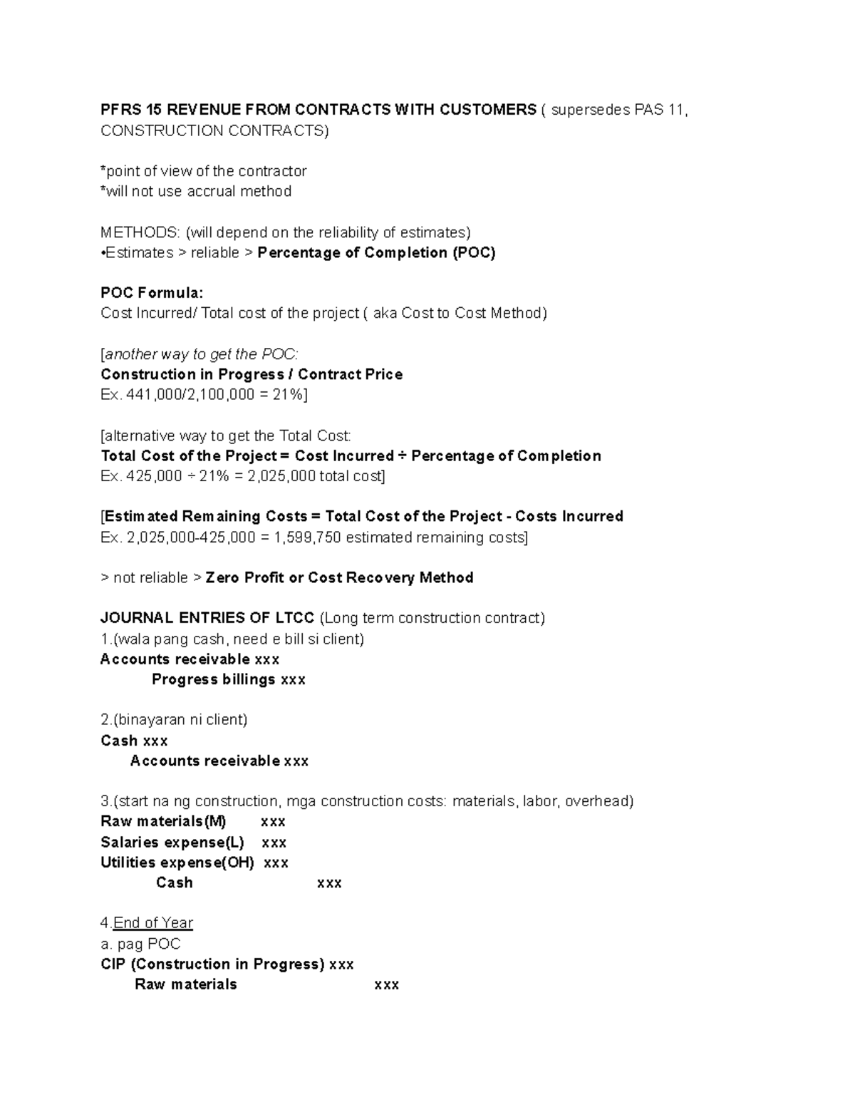 PFRS 15 Final Exam Notes: Revenue Recognition & POC Methods - Studocu