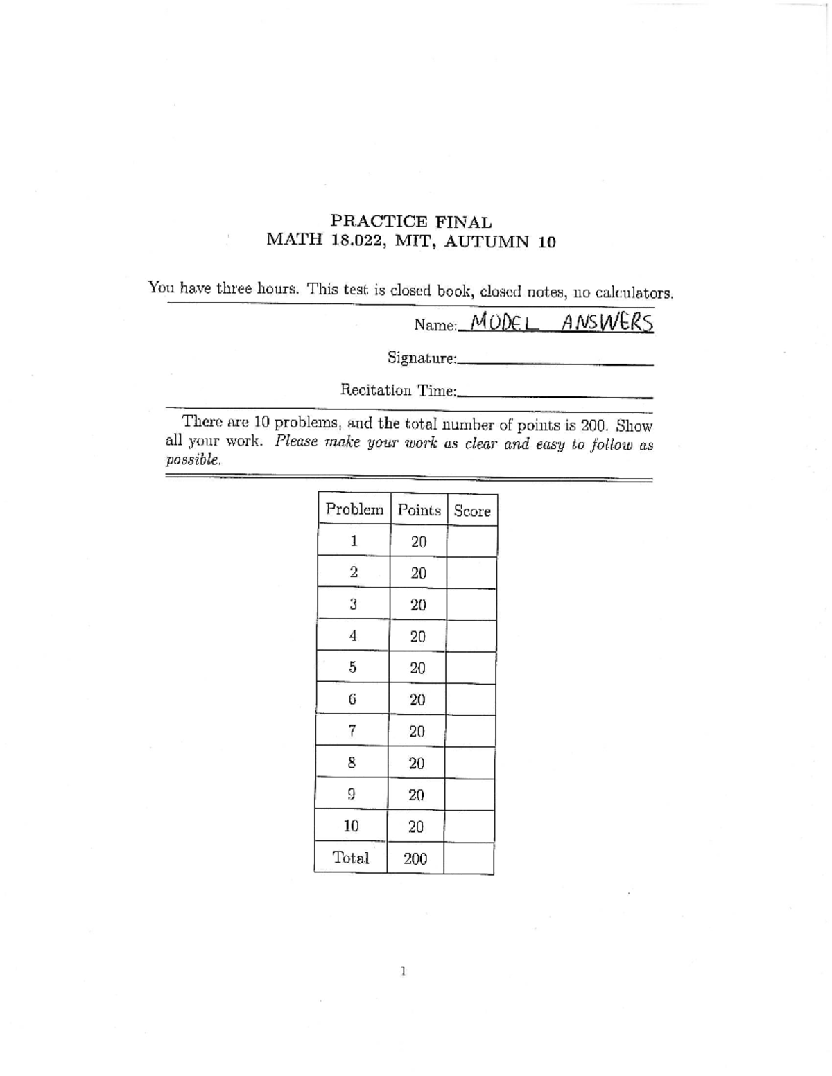 MODEL ANSWERS FOR PRACTICE FINAL MATH 18.022, AUTUMN 2010 - Studocu