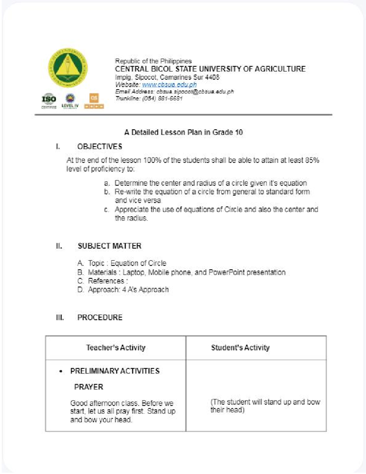 DLP Mathematics Grade 10: Equation of a Circle Lesson Plan - Studocu
