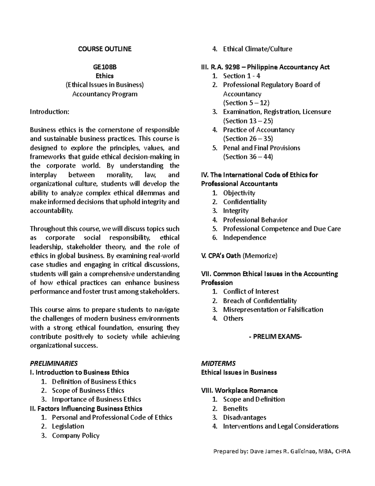 Ethics Course Outline - this document provides topics to be discussed ...