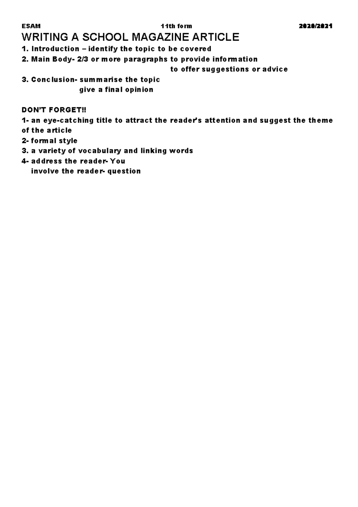 Writing a school magazine article - ESAM 11th form 2020/ WRITING A ...