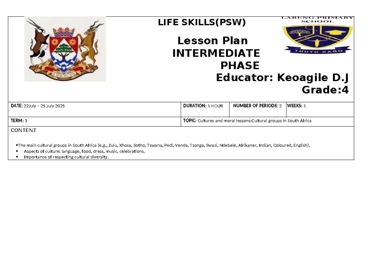 LIFE SKILLS(PSW) Lesson Plan: Cultures in South Africa - Week 1 - Studocu