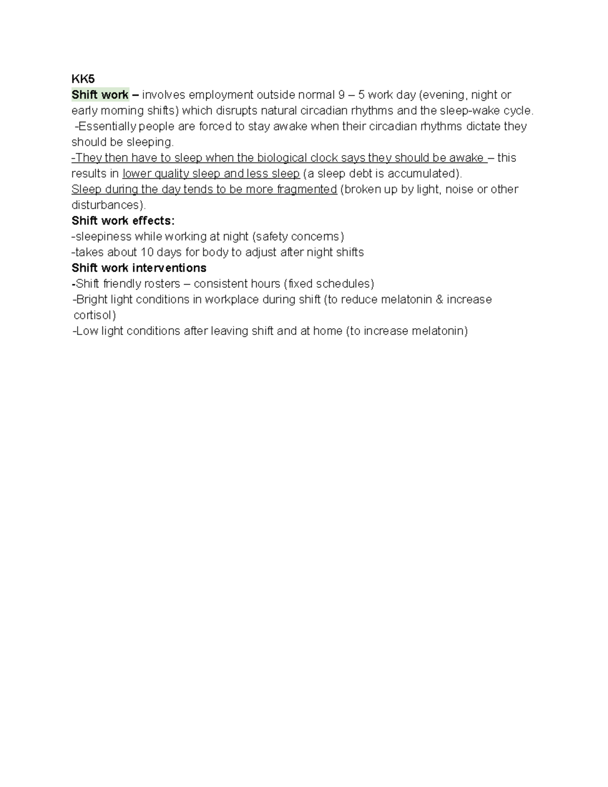 Unit 4aos1 KK5 Effects and Interventions of Shift Work on Sleep - Studocu