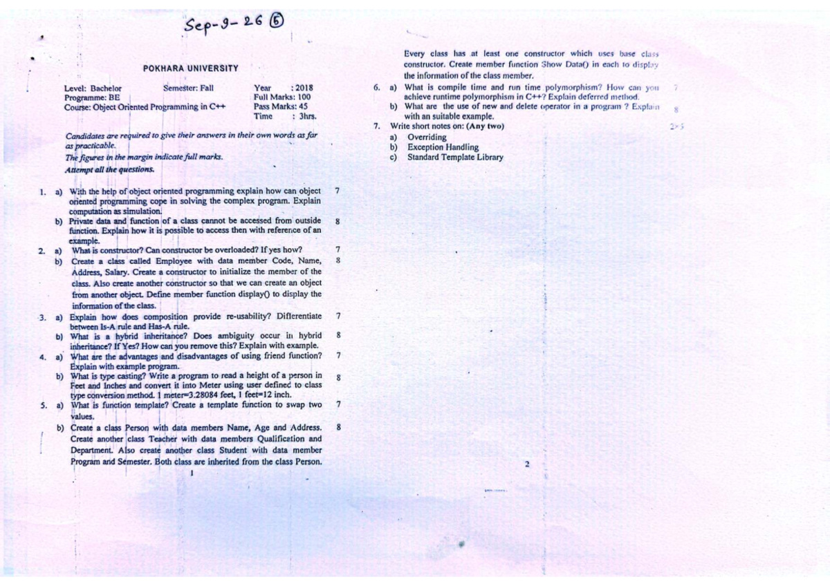 Object Oriented Programming (OOP) - BE Final Exam Questions (Fall 2023 ...
