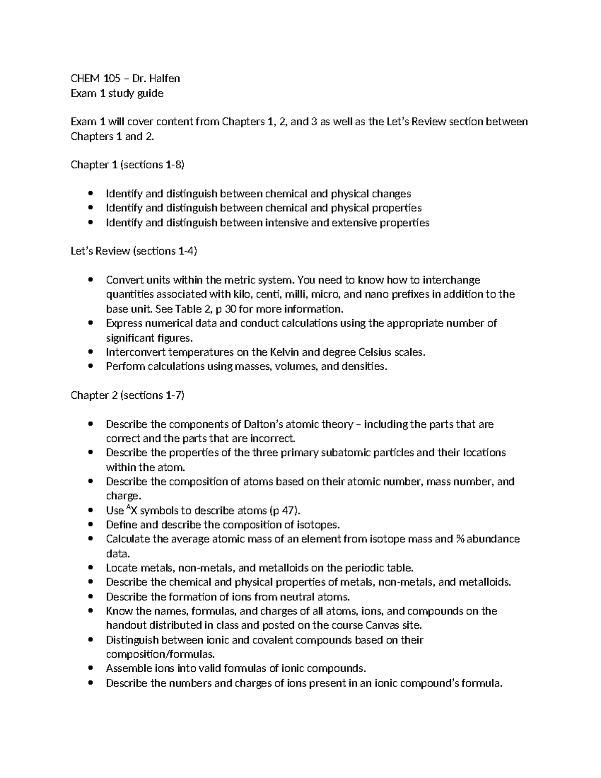 CHEM 105 Exam 1 Study Guide: Key Concepts from Chapters 1-3 - Studocu