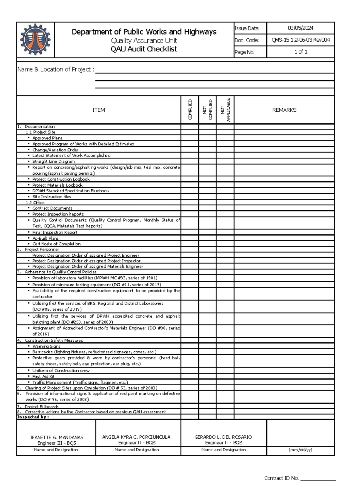 QAU Requirements Checklist for Project Engineer (Contract ID) - Studocu