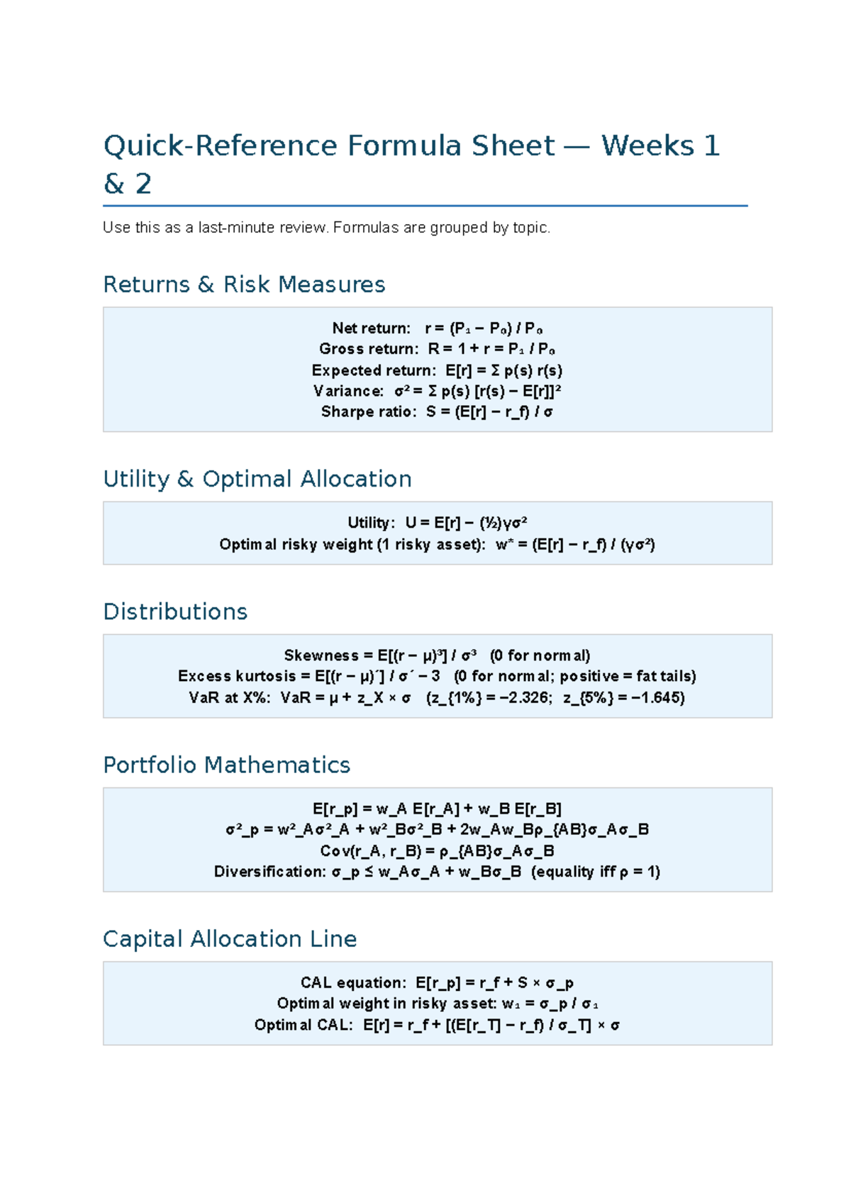 Inv. Mgmt Formula Sheet: Weeks 1 Review of Key Formulas - Studocu