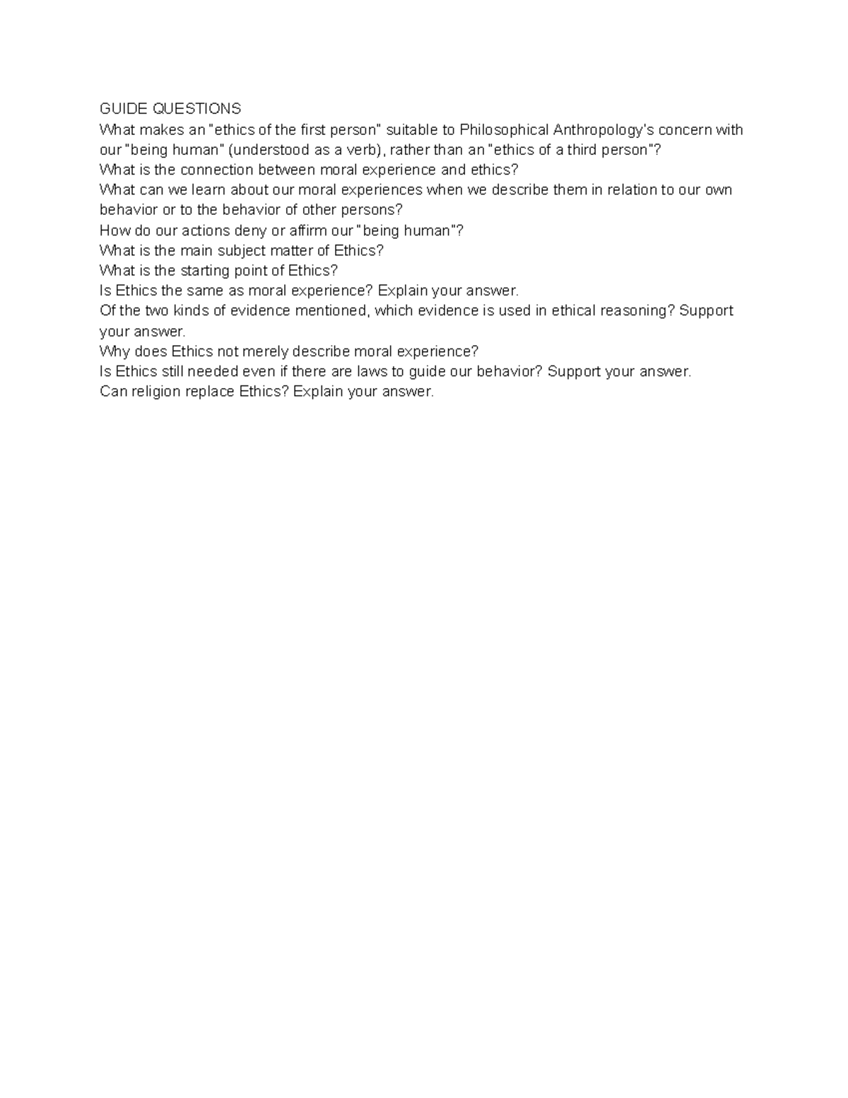 PHIL 101: Guide Questions on Ethics and Moral Experience - Studocu