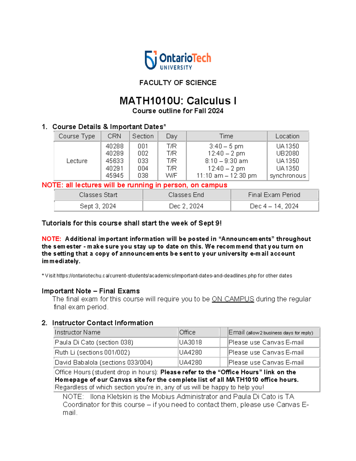 MATH1010U: Calculus I Fall 2024 Course Outline and Important Info - Studocu